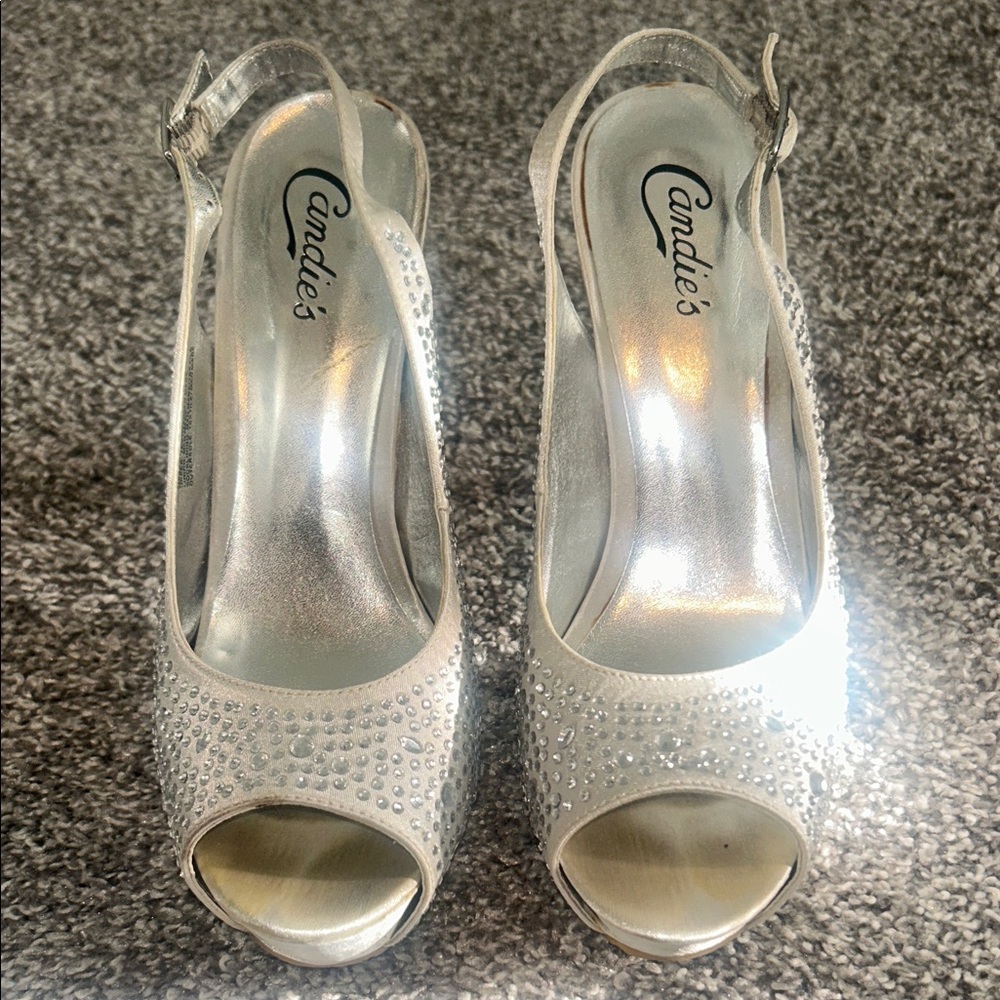 Candie's Silver Rhinestone Open-Toe Slingback Heels
